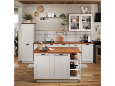 Cozinha completa composta por 6 peças + ilha na cor branco lavado com honey / coleção Alma